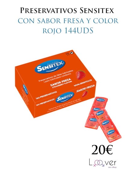 Preservativos Sensitex con sabor fresa y color rojo 144UDS