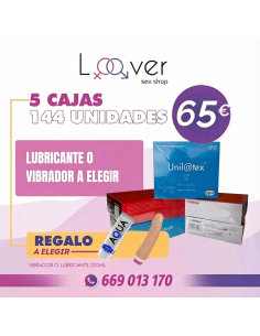 COMBO UNILATEX 5 CAJAS CON LUBRICANTE AQUA DE 200ML O VIBRADOR