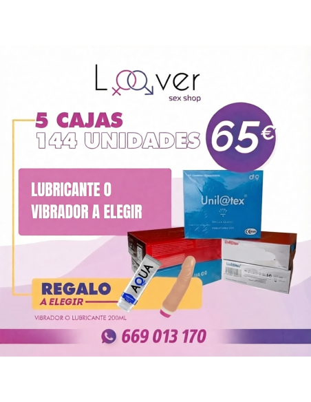 COMBO UNILATEX 5 CAJAS CON LUBRICANTE AQUA DE 200ML O VIBRADOR