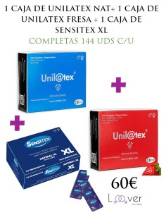 COMBO CAJA UNILATEX NAT + CAJA DE UNILATEX FRESA + CAJA DE SENSITEX XL - COMPLETAS 144 UDS